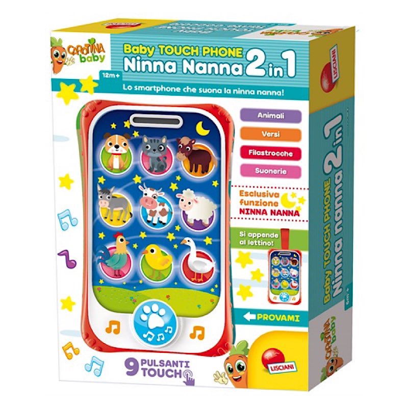 12个月以上 - CAROTINA BABY TOUCH PHONE NINNA NANNA 2 IN 1 意大利语版本。 动物名称， 动物声音， 各种幼儿音乐， 睡眠音乐， 可挂在婴儿床上。