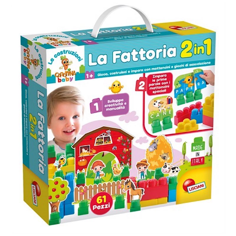 2岁 - CAROTINA BABY BLOCKS LA FATTORIA 2 IN 1， 高质量幼儿积木， 专为幼儿设计的积木游戏， 意大利语版本。
